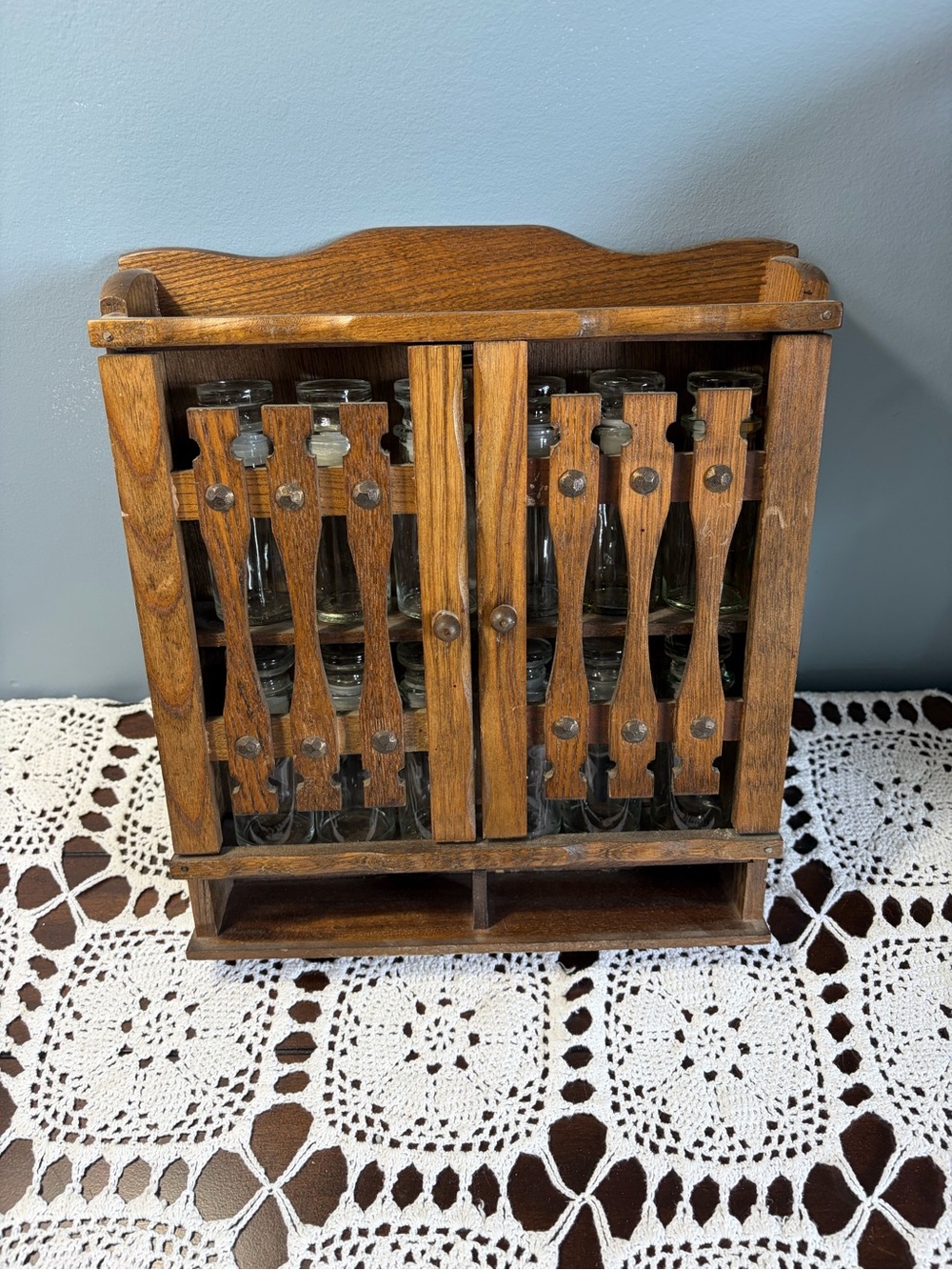 Vintage Wooden Kitchen Spice Rack Cabinet with Glass Jars/Lids
